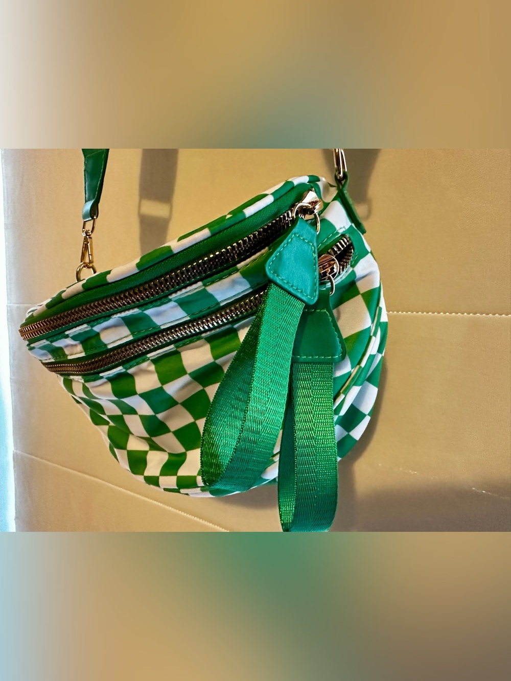 Green Checkered Crossbody Bag with Wide Adjustable Strap - Picture 2 of 4